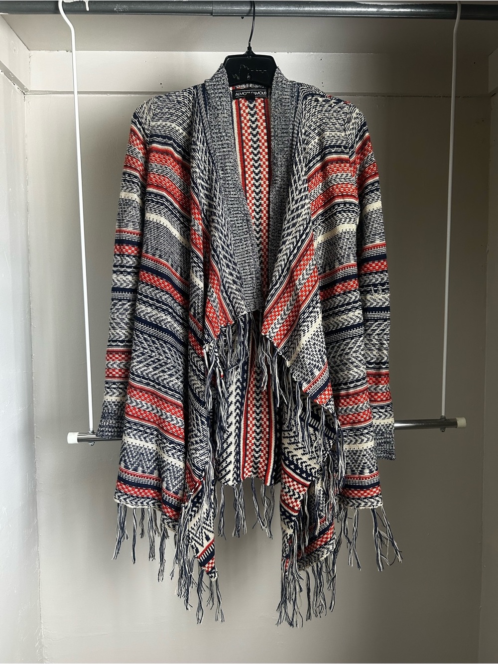 Almost Famous Boho Fringe Open Cardigan Sweater Small Southwestern Print